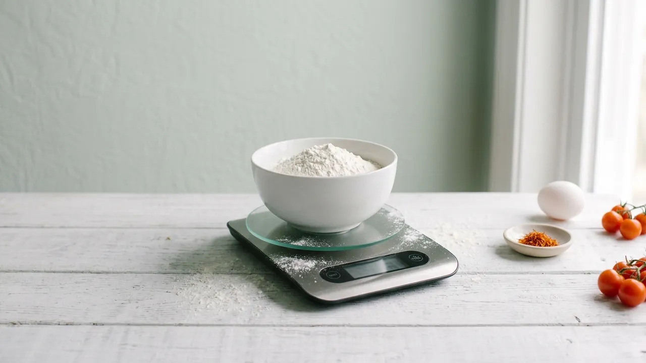 Digital kitchen scale with a bowl of flour on top