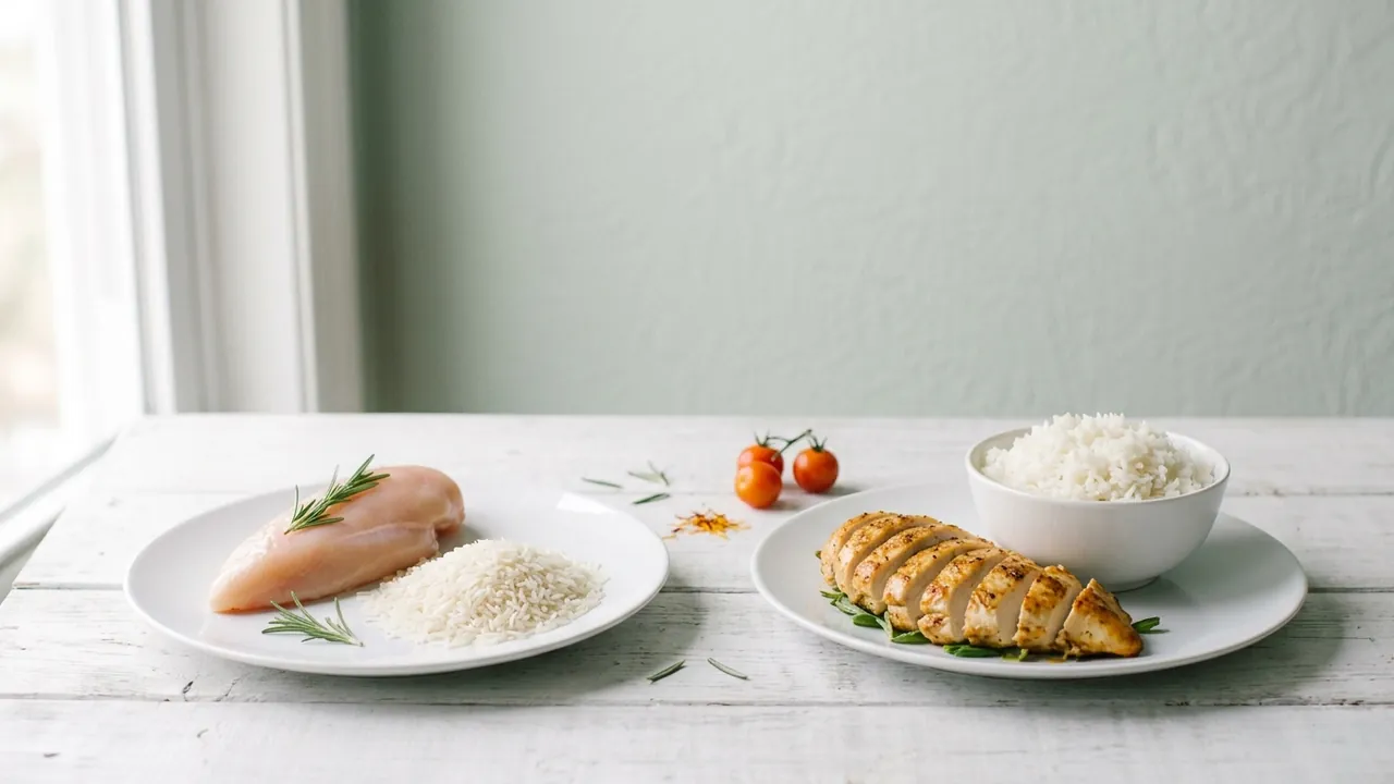 Raw chicken and dry rice beside cooked chicken and rice