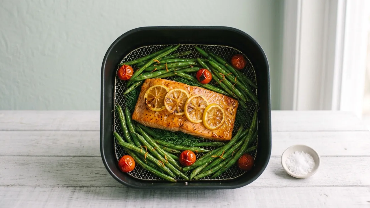 Salmon fillet with lemon slices and green beans in an air fryer basket