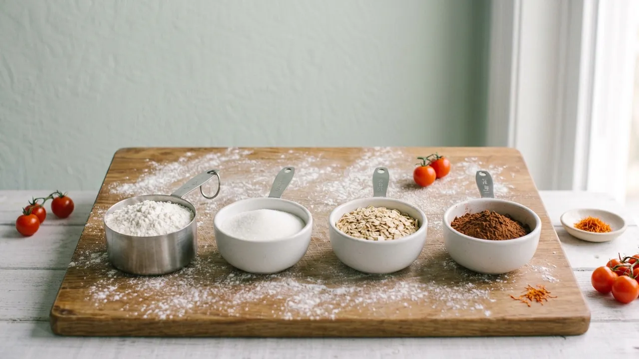 Measuring cups holding flour, sugar, oats and cocoa powder
