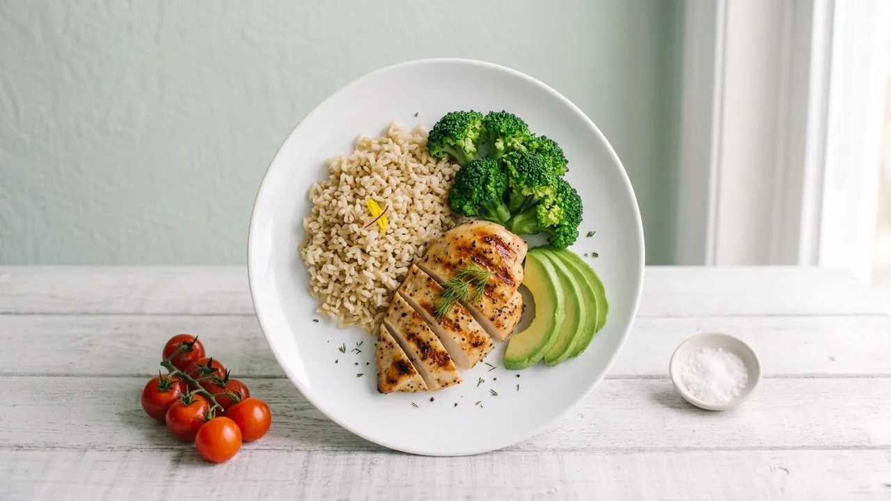 Balanced plate with grilled chicken, brown rice, broccoli and avocado