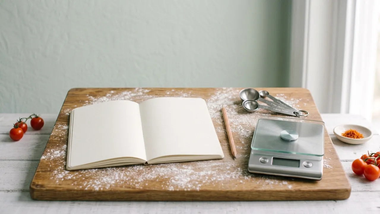 Blank notebook, measuring spoons and a kitchen scale on a wooden board