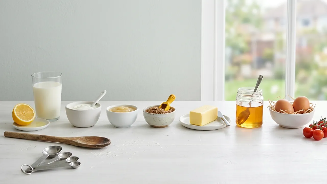 Milk, lemon, yogurt, applesauce, flaxseed, butter, honey and eggs lined up beside measuring spoons