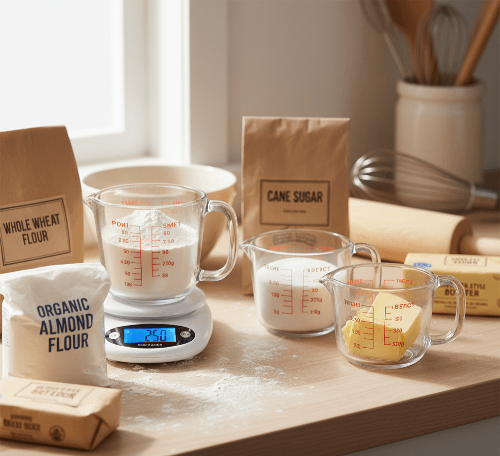 Measuring cups with different ingredients, illustrating the need for a cups to grams conversion.