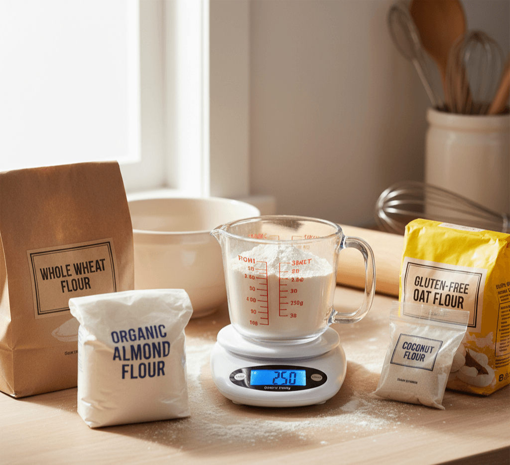 A digital kitchen scale showing the cups to grams conversion for flour.